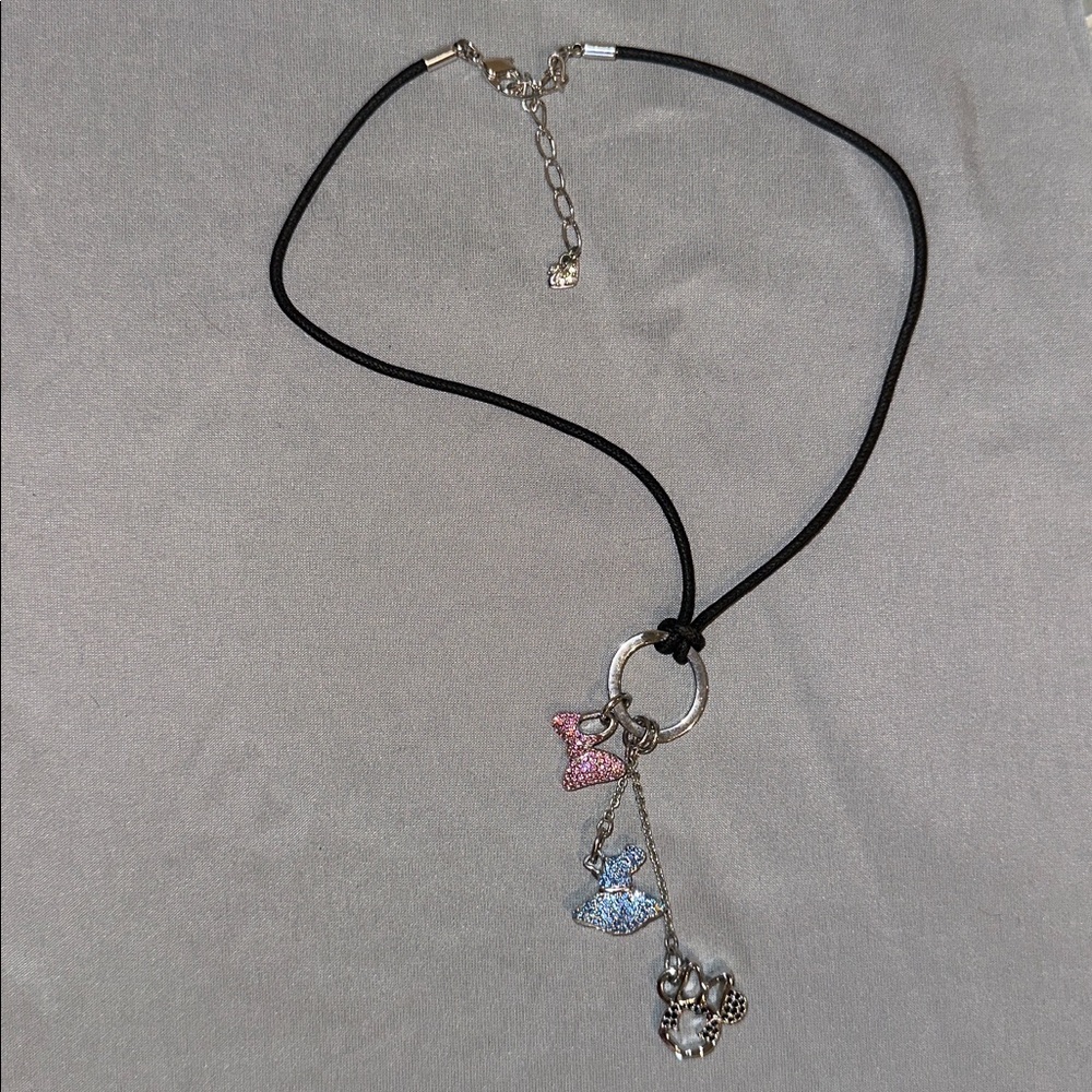 Swarovski Black Cord Necklace with Minnie Mouse Pink, Blue, and Silver Charms